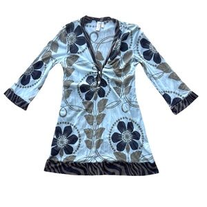 Sweet Pea by Stacy Frati Blue, Sage Green & Black Floral Mesh Blouse - L